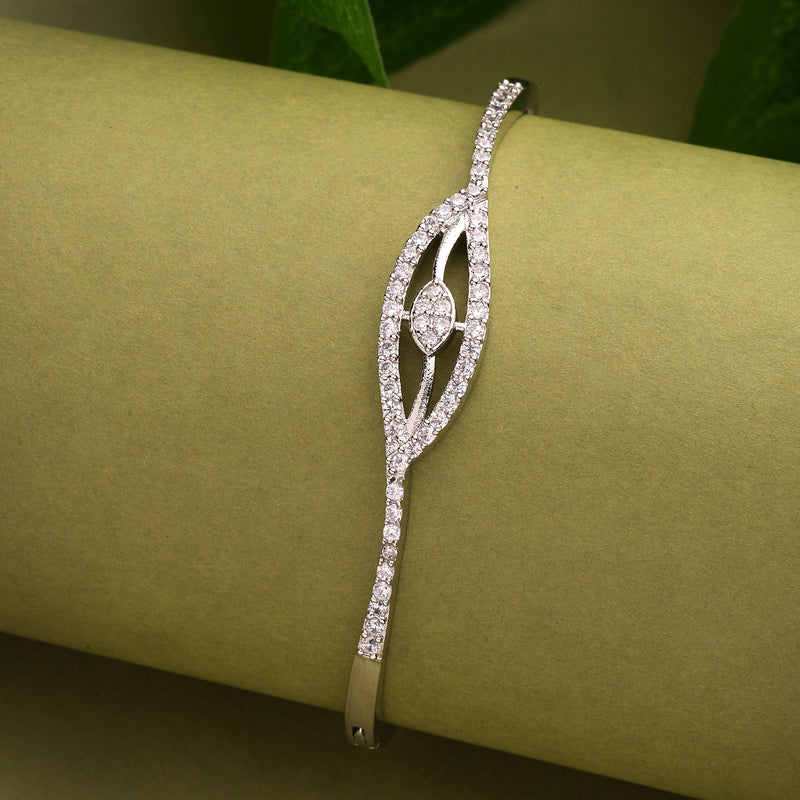 Rhodium Plated Silver Toned White Cubic Zirconia Studded Cuff Bracelet