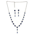 Rhodium Plated Silver Toned Circle Shaped Blue American Diamond Studded Jewellery Set
