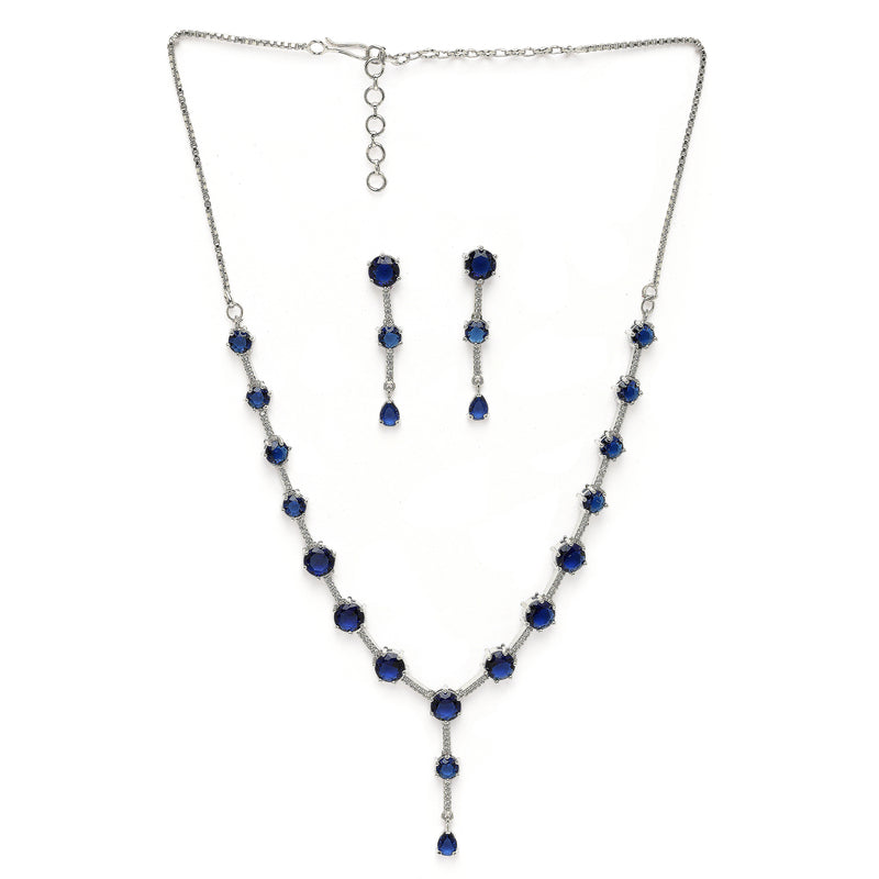 Rhodium Plated Silver Toned Circle Shaped Blue American Diamond Studded Jewellery Set