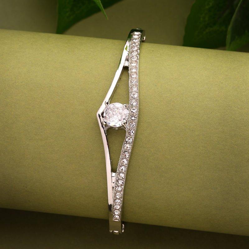 Rhodium Plated Silver Toned Classic White American Diamond Studded Cuff Bracelet