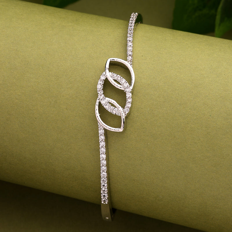 Rhodium Plated Silver Toned White Cubic Zirconia Studded Cuff Bracelet