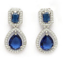 Rhodium Plated Silver Toned Teardrop Shaped Blue & White American Diamond Studded Jewellery Set