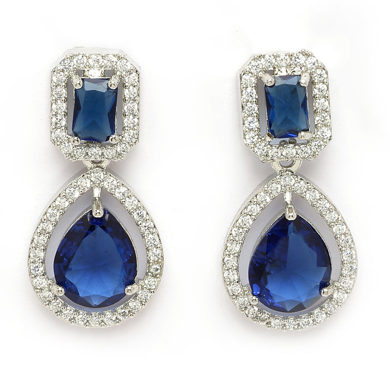 Rhodium Plated Silver Toned Teardrop Shaped Blue & White American Diamond Studded Jewellery Set