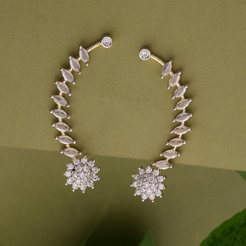 Gold Plated Floral Shaped American Diamond Studded Ear Climber Earrings