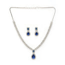 Rhodium Plated Silver Toned Teardrop Shaped Blue & White American Diamond Studded Jewellery Set