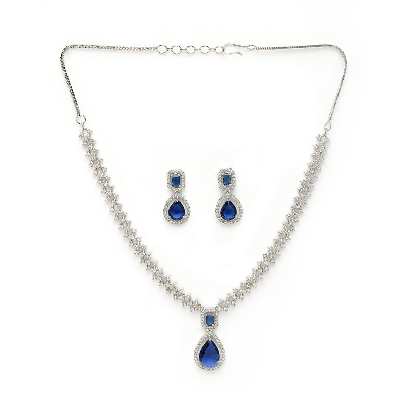 Rhodium Plated Silver Toned Teardrop Shaped Blue & White American Diamond Studded Jewellery Set