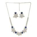 Rhodium Plated Silver Toned Floral Shaped Blue & White American Diamond Studded Jewellery Set
