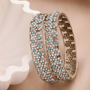 Gold Plated Floral Shaped Blue & White Cubic Zirconia Studded Bangles Set Of 2