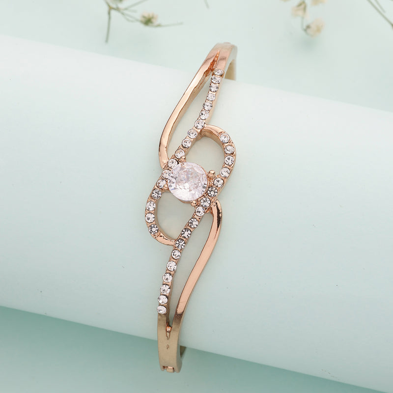 Rose Gold Plated Classic White Cubic Zirconia Studded Cuff Bracelet