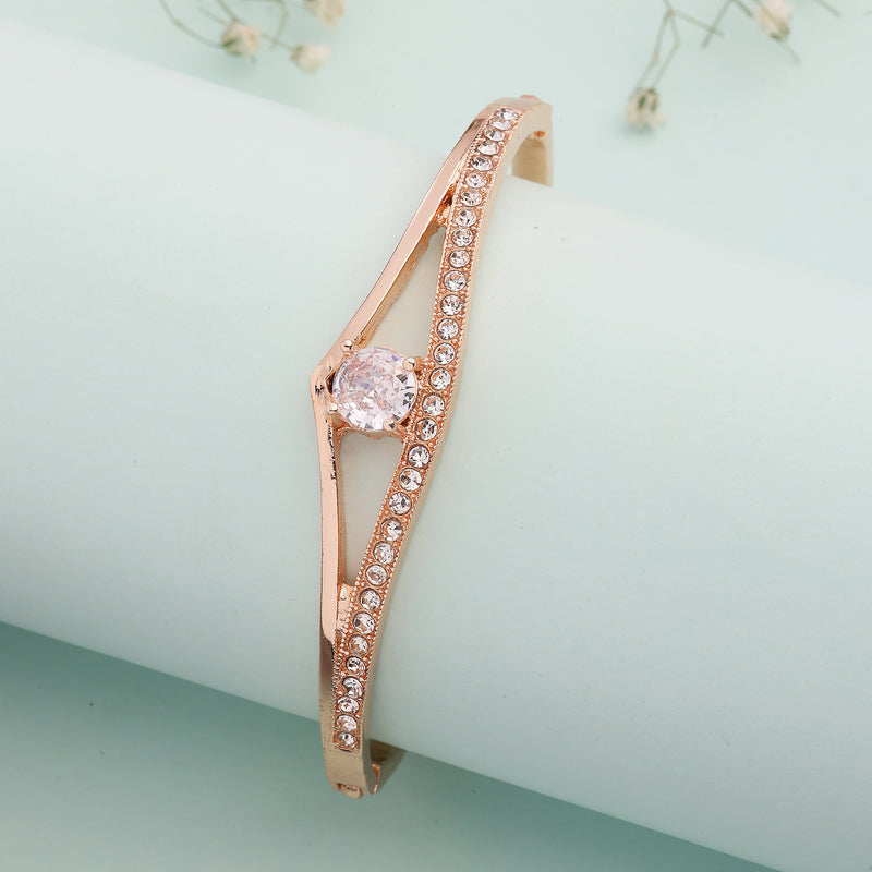 Rose Gold Plated Classic White Cubic Zirconia Studded Cuff Bracelet