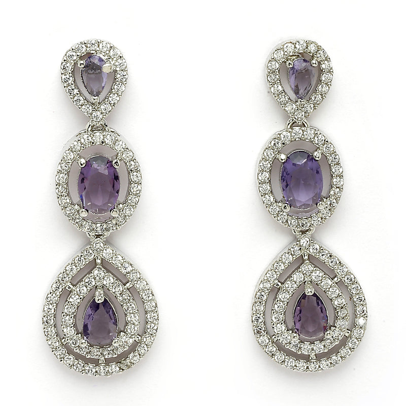 Rhodium Plated Silver Toned Teardrop Shaped Purple & White American Diamond Studded Jewellery Set