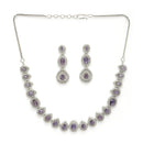 Rhodium Plated Silver Toned Teardrop Shaped Purple & White American Diamond Studded Jewellery Set
