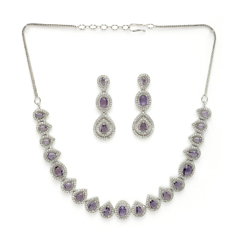 Rhodium Plated Silver Toned Teardrop Shaped Purple & White American Diamond Studded Jewellery Set