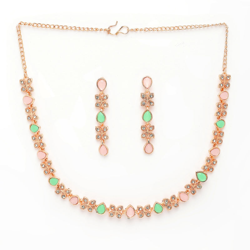 Rose Gold Plated Butterfly Shaped Pink & Mint Green Cubic Zirconia Studded Jewellery Set