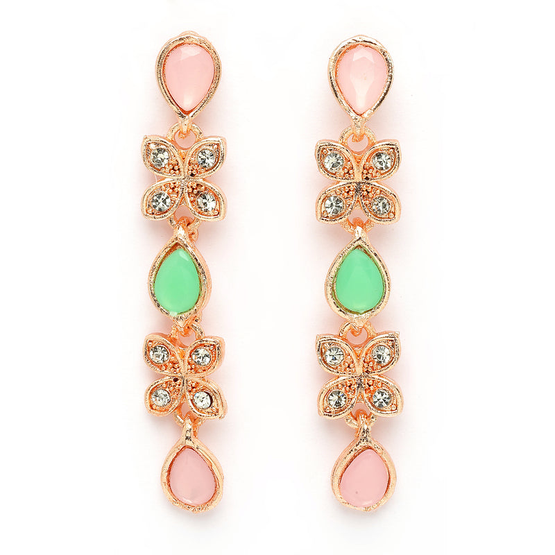 Rose Gold Plated Butterfly Shaped Pink & Mint Green Cubic Zirconia Studded Jewellery Set