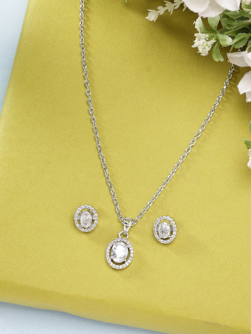 Rhodium Plated Silver Toned Oval Shaped White American Diamond Studded Pendant Set