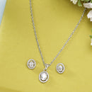 Rhodium Plated Silver Toned Oval Shaped White American Diamond Studded Pendant Set