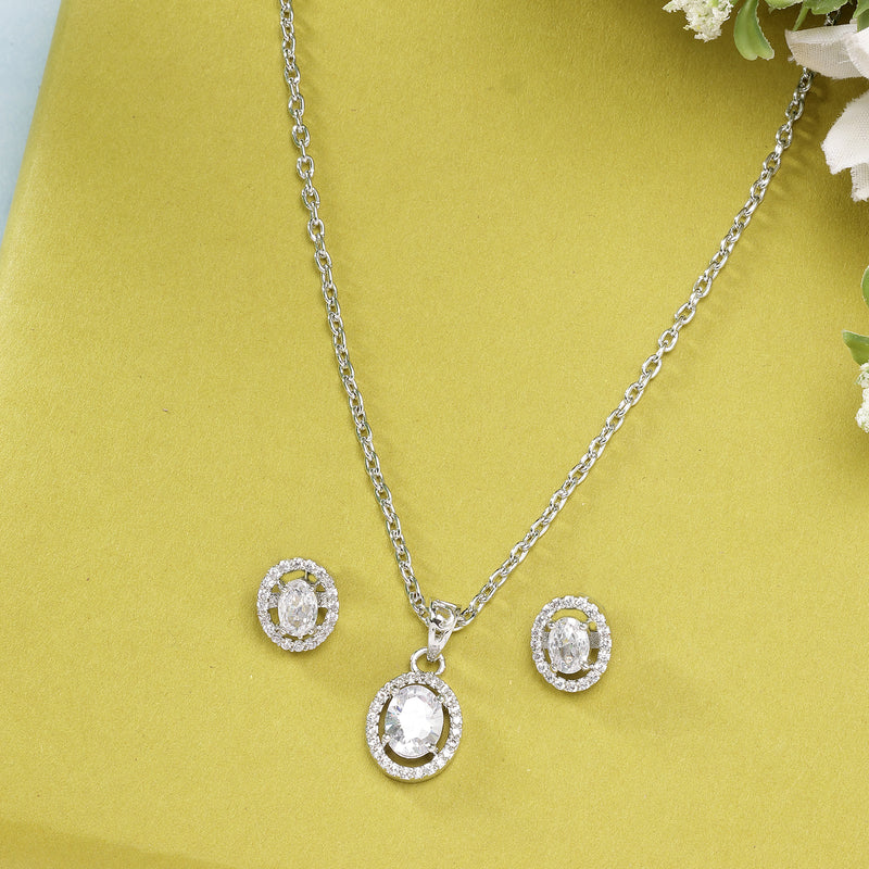 Rhodium Plated Silver Toned Oval Shaped White American Diamond Studded Pendant Set