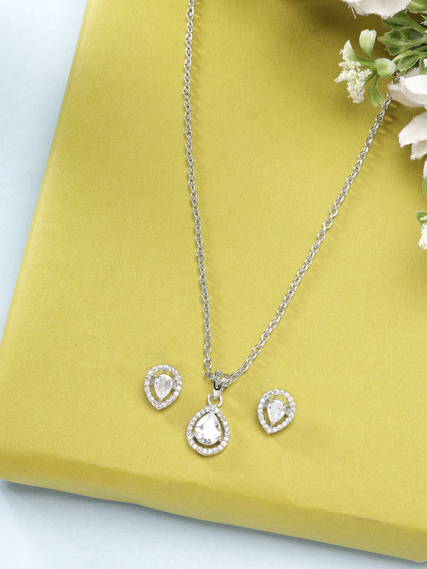 Rhodium Plated Silver Toned Tear Dropped Shaped Crystal White American Diamond Studded Pendant Set