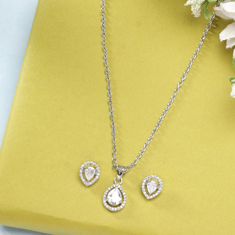 Rhodium Plated Silver Toned Tear Dropped Shaped Crystal White American Diamond Studded Pendant Set