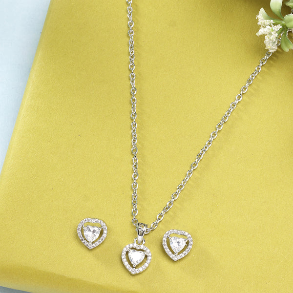 Rhodium Plated Silver Toned Heart Shaped White American Diamond Studded Pendant Set