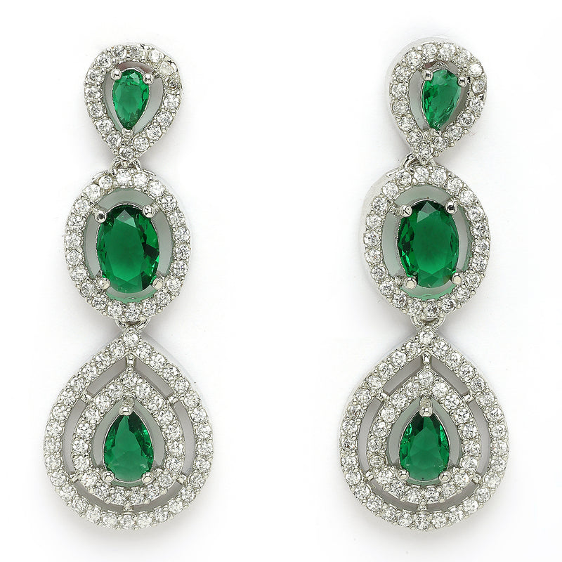 Rhodium Plated Silver Toned Teardrop Shaped Green & White American Diamond Studded Jewellery Set