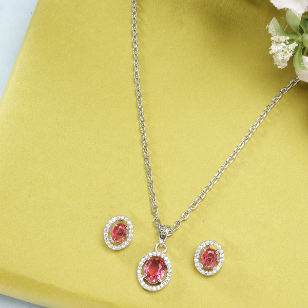 Rhodium Plated Silver Toned Oval Shaped Ruby Red American Diamond Studded Pendant Set