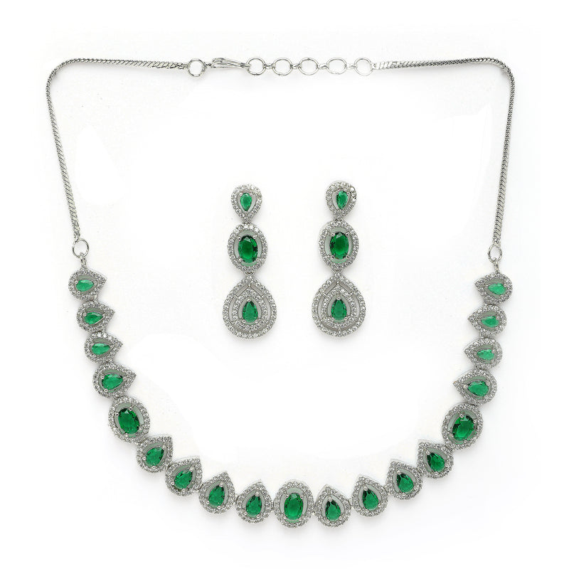 Rhodium Plated Silver Toned Teardrop Shaped Green & White American Diamond Studded Jewellery Set
