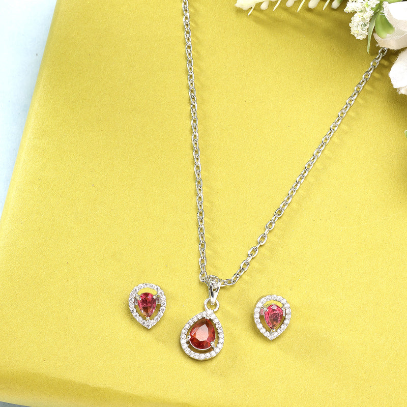 Rhodium Plated Silver Toned Tear Dropped Shaped Ruby Red American Diamond Studded Pendant Set