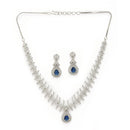 Rhodium Plated Silver Toned Teardrop Shaped Navy Blue & White American Diamond Studded Jewellery Set