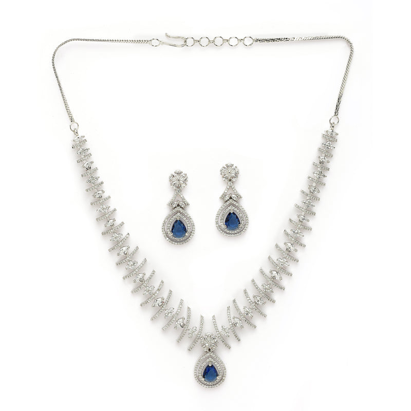 Rhodium Plated Silver Toned Teardrop Shaped Navy Blue & White American Diamond Studded Jewellery Set