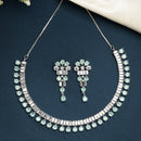 Rhodium Plated Silver Toned Sea Green American Diamond  Studded Classic Necklace With Floral Drop Earrings