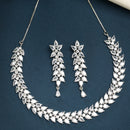 Rhodium Plated Silver Toned White Floral American Diamond Studded Necklace With Matching Earrings