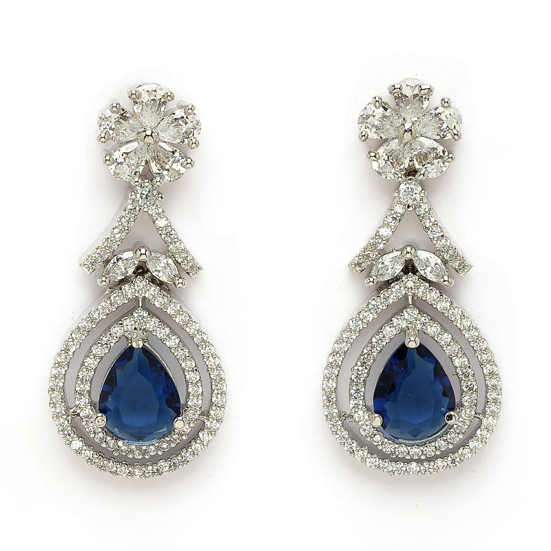 Rhodium Plated Silver Toned Teardrop Shaped Navy Blue & White American Diamond Studded Jewellery Set