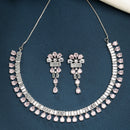 Rhodium Plated Silver Toned Pink AD Studded Classic Necklace With Floral Drop Earrings