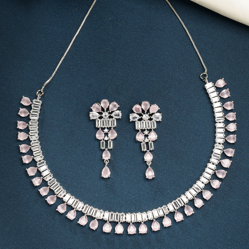 Rhodium Plated Silver Toned Pink AD Studded Classic Necklace With Floral Drop Earrings