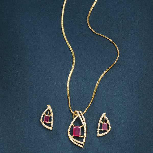 Gold Plated Pink Stone Studded  Leaf-Shaped Pendant Set