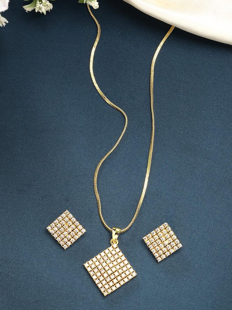 Gold Plated White Stone Studded Square Pendant Set