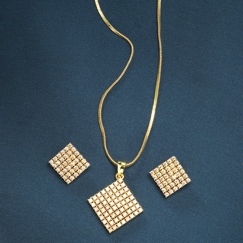Gold Plated White Stone Studded Square Pendant Set