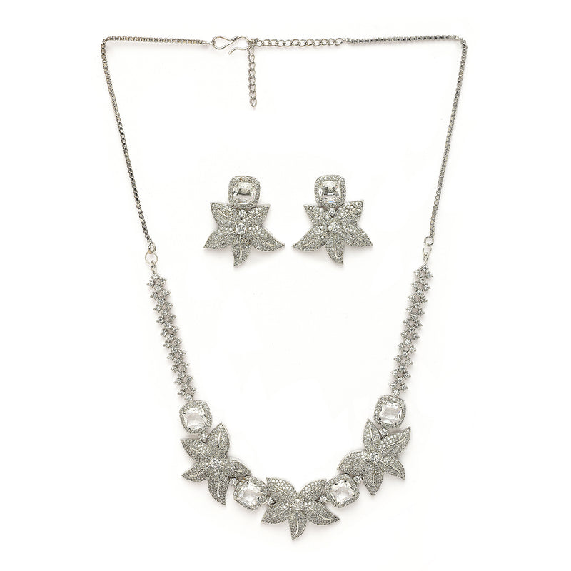 Rhodium Plated Silver Toned Floral Shaped White American Diamond Studded Jewellery Set