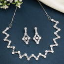 Rhodium Plated Silver Toned Zig Zag Design White AD Studded Necklace Set With Earrings