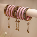 Gold-Plated Pink Matte Finish Velvet Cz Studded Tasselled Bangles Set Of 56