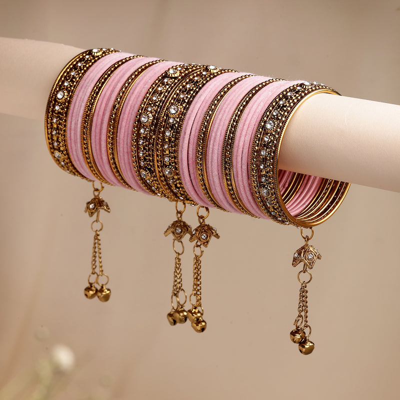 Gold-Plated Pink Matte Finish Velvet Cz Studded Tasselled Bangles Set Of 56
