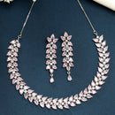 Rhodium Plated Silver Toned Pink Floral American Diamond Studded Necklace With Matching Earrings