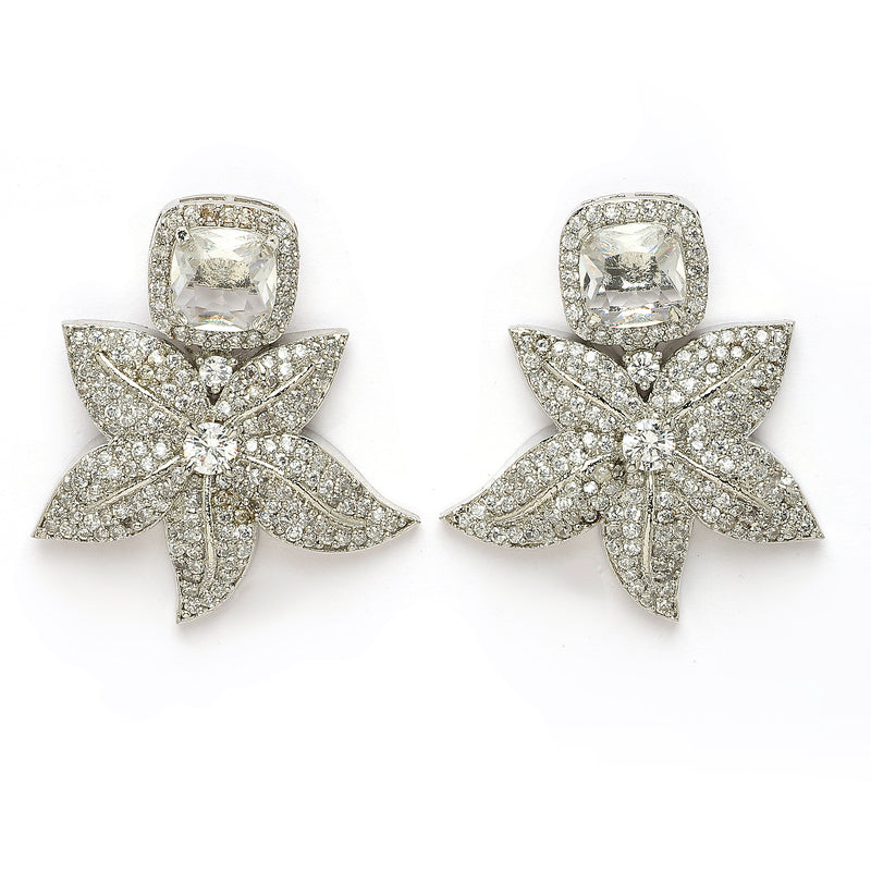 Rhodium Plated Silver Toned Floral Shaped White American Diamond Studded Jewellery Set