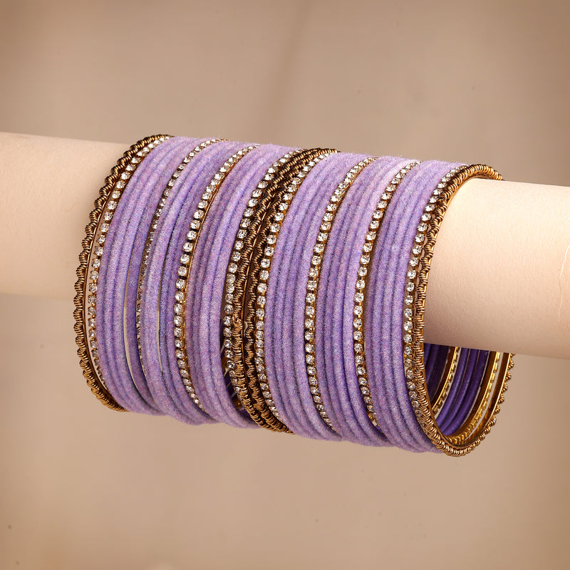 Zeneme Gold-Plated Matte Finish Violet Velvet Cz Studded Bangles Set Of 36