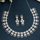 Rhodium Plated Silver Toned Round White American Diamond  Studded Necklace Set With Earrings