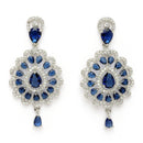 Rhodium Plated Silver Toned Ornate Shaped Navy Blue & White American Diamond Studded Jewellery Set
