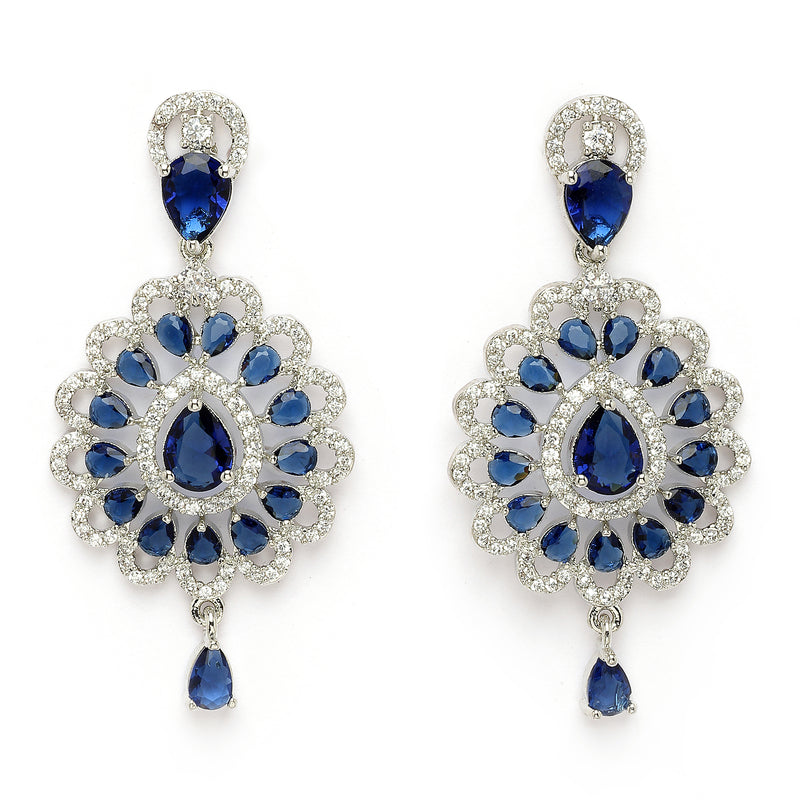 Rhodium Plated Silver Toned Ornate Shaped Navy Blue & White American Diamond Studded Jewellery Set