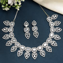 Rhodium Plated Silver Toned Halo Teardrop Design With White Square American Diamond Studded  Necklace With Matching Drop Earrings